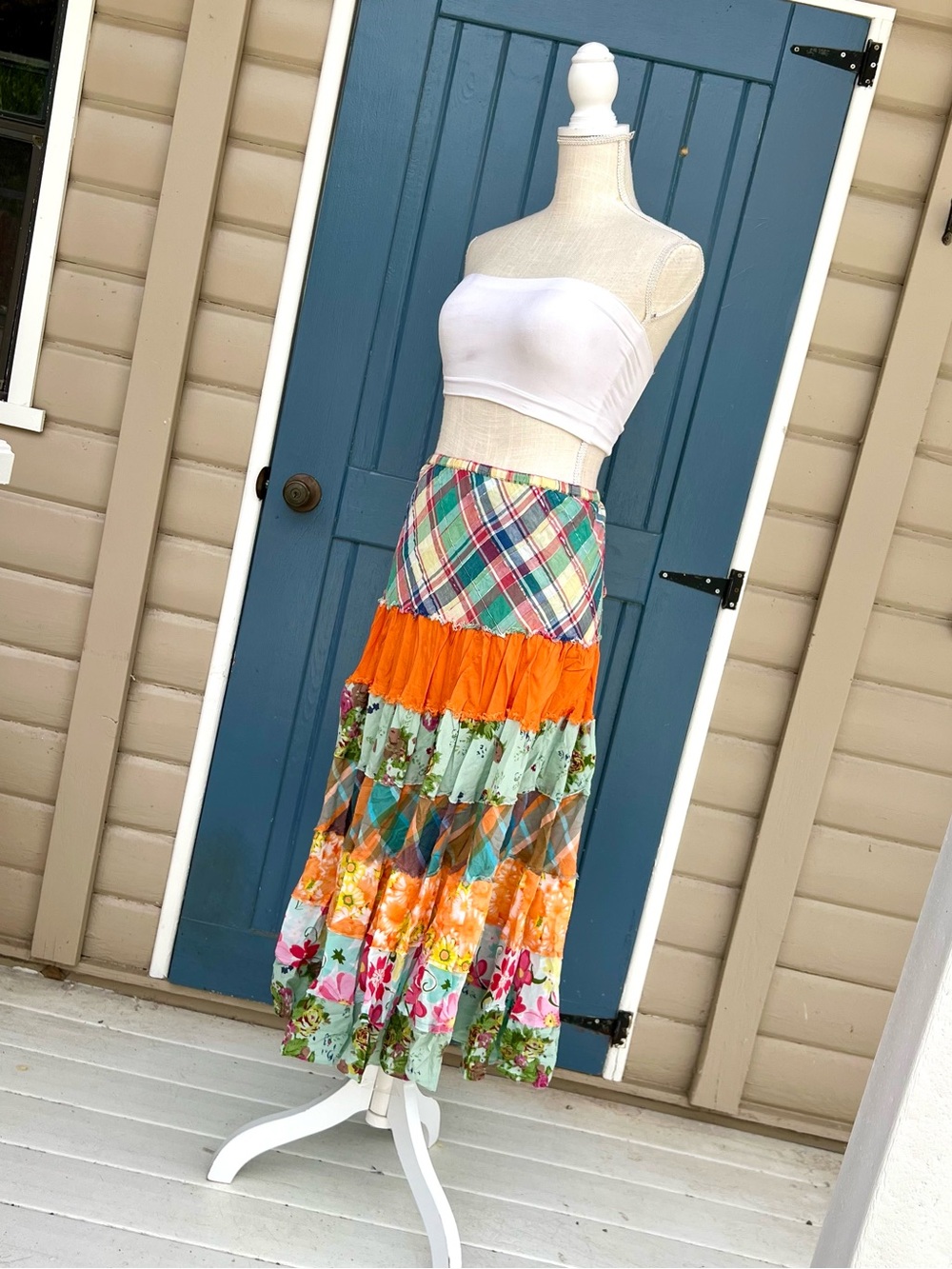 Kaktus Patchwork Tiered Maxi Skirt Plaid Floral Boho Cottagecore size 3X